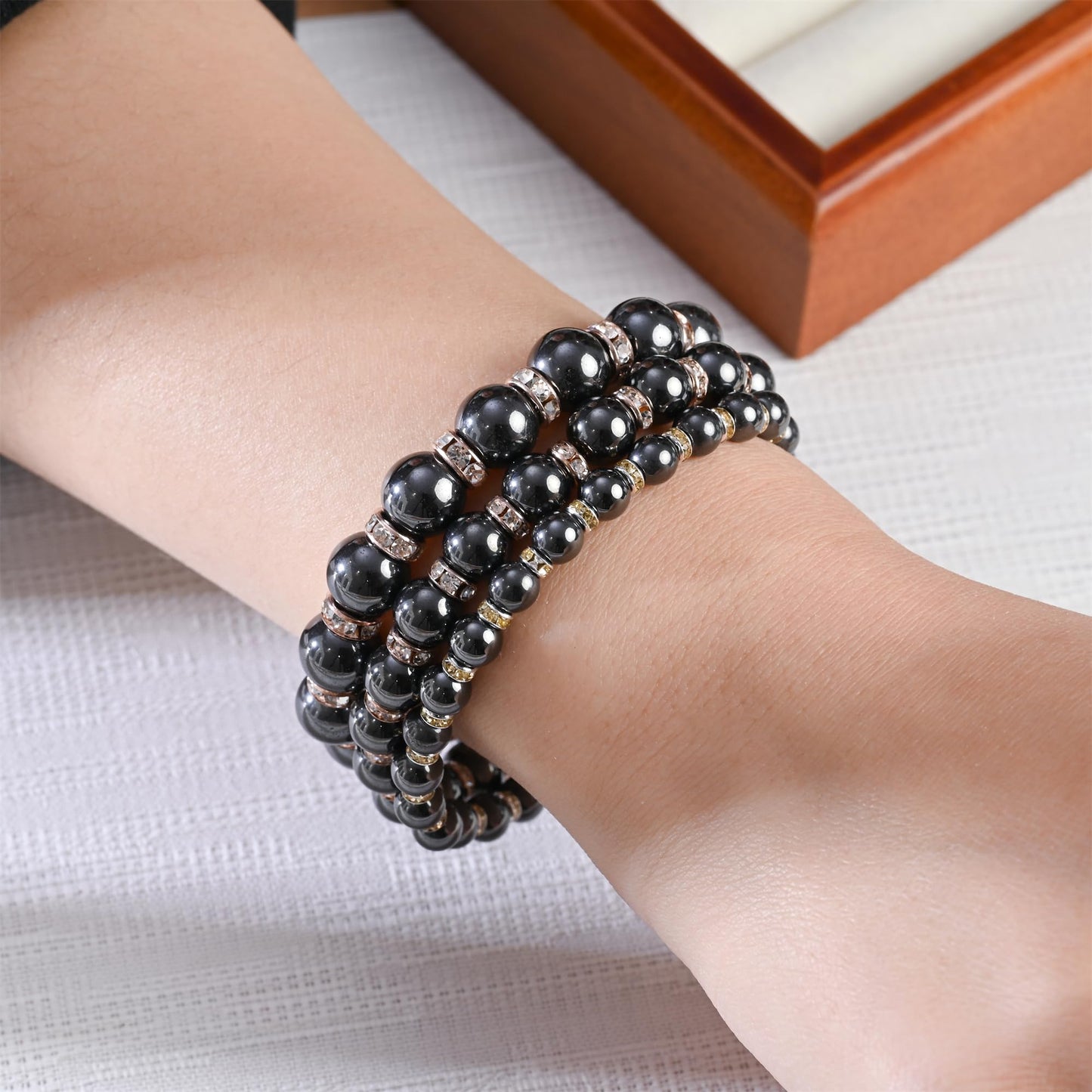 Apocalyptic-K Women's Magnetic Bracelet，Hematite Bracelets，Magnetic Bracelets With Zirconia,Handmade Stretch Bracelet，Eliminates static electricity. (Rose Gold Zirconia,6MM)