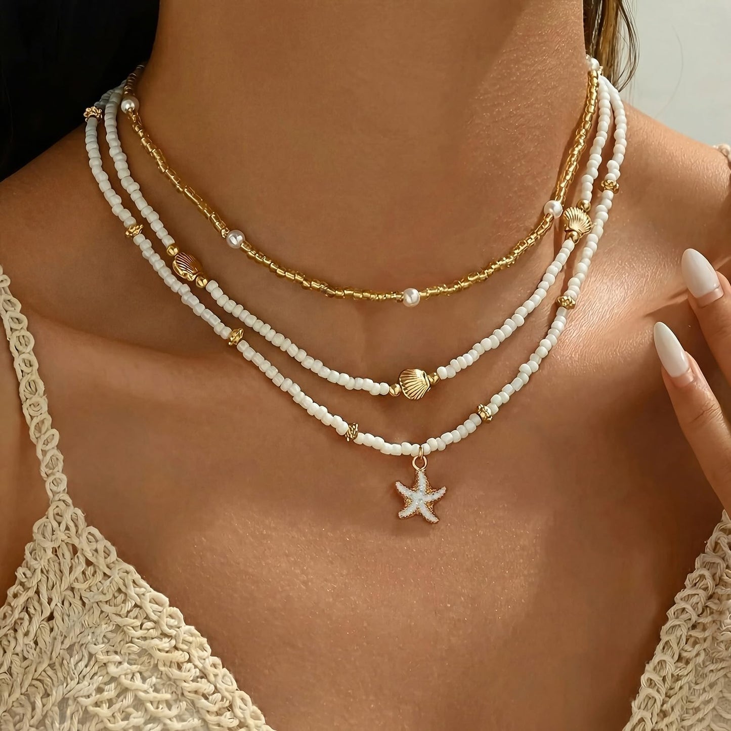 Nackiy Handmade Sea Shell Necklace for Women Summer Adjustable Natural Shell Collar Necklace (Starfish 3pcs)