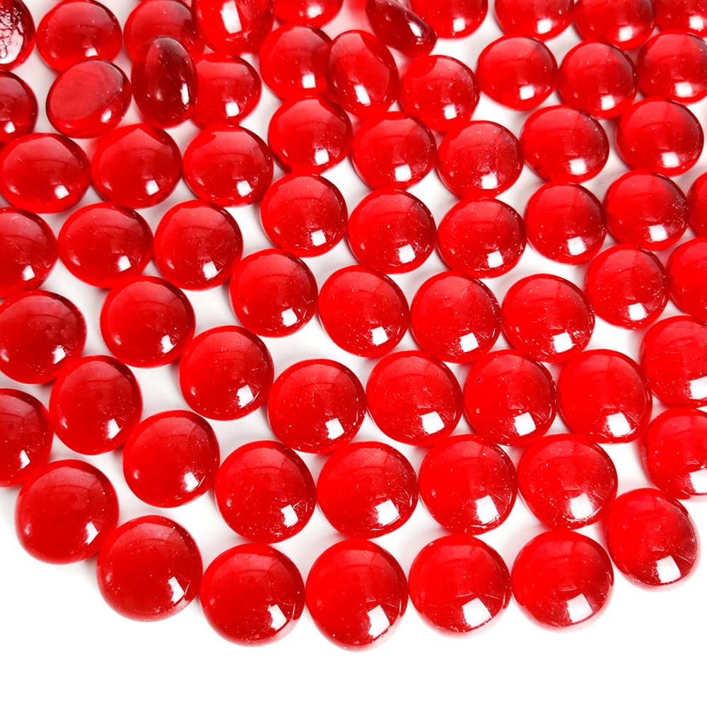 HappyFiller 2 Pound Ruby Red Flat Marbles Glass Gems Pebble Rocks Beads for Flower Vases Fillers,Party Decor,Fire Pit,Wedding Centerpieces,Craft Mosaics,3/4 inch Each
