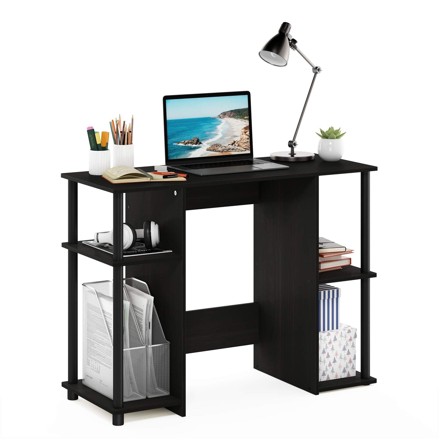Furinno JAYA Desk, 38.4" Wide Gaming Desk, Computer Study Desk, Office Desk with Side Shelves, Open Storage, for Home Office, Bedroom, Dorm, Study Room, Espresso