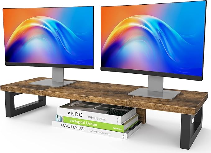 WESTREE Dual Monitor Stand Riser, Wood and Steel Monitor Stand Riser, Computer Monitor Stand for 2 Monitors, Multi-Purpose Desktop Storage Stand for Computer,Laptop,Printer,TV
