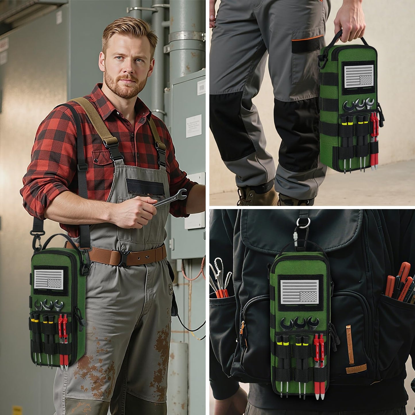 Heavy Duty Small Tool Bags for Men with Carabiner,Tactical Tool Pouch Bag,Portable Utility Tools Storage Organizer Case with Shoulder Strap for EDC,Motorcycle,Camping,Road Trip,Electricians,Green