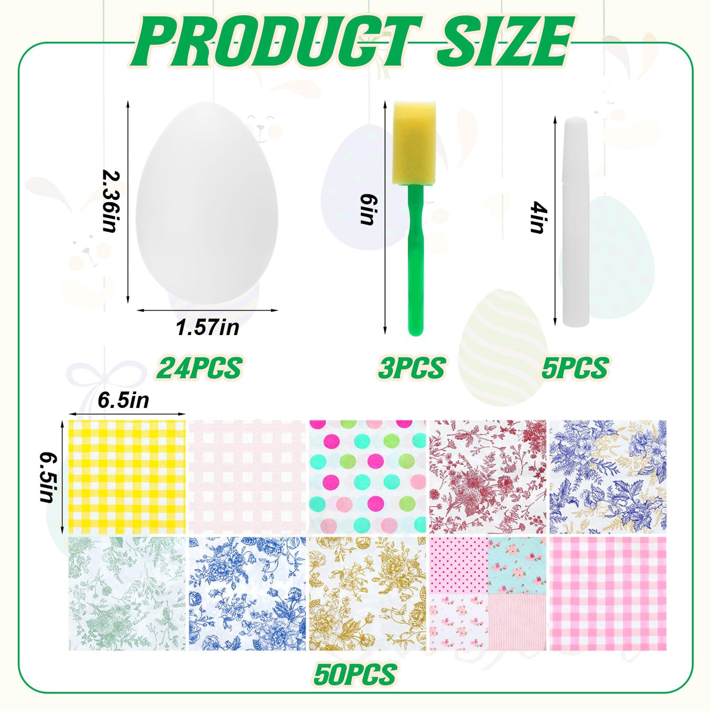 Gemscream 82 Pcs DIY Easter Unfinished Egg Decoupage Craft Include 24 White Eggs 50 Decoupage Napkins 5 Glues 3 Sponge Brushes Easter Decorations Party Favors for Craft Activities Family Party