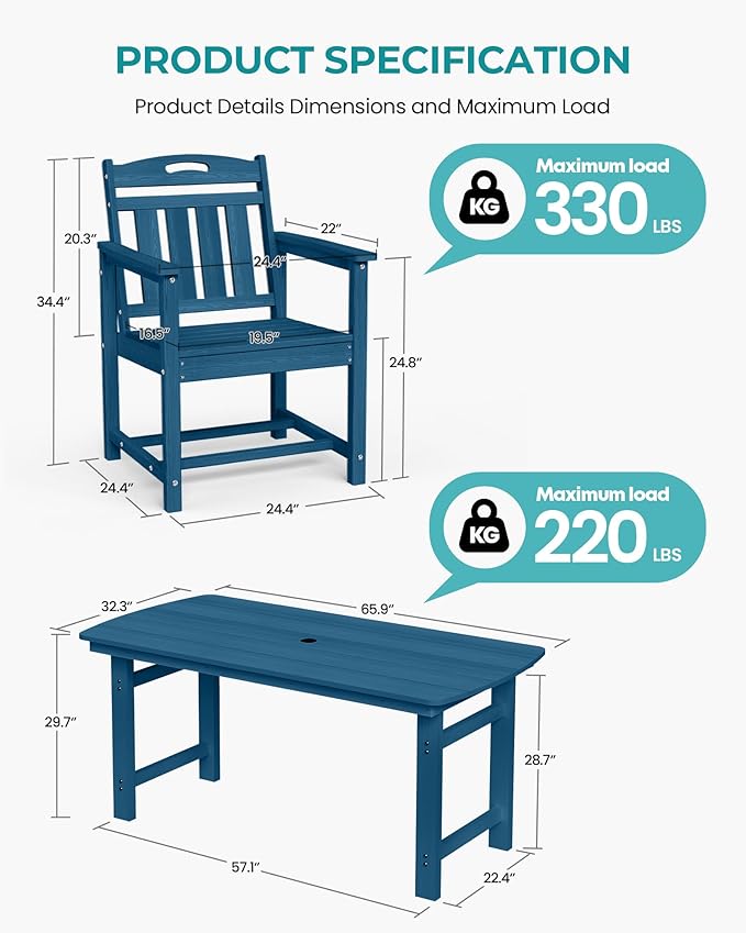 Outdoor Rectangle Dining Table, Heavy-Duty HDPE Table for 6, Weatherproof Patio Table with Umbrella Hole, Rounded Corners for Safety, Navy Blue