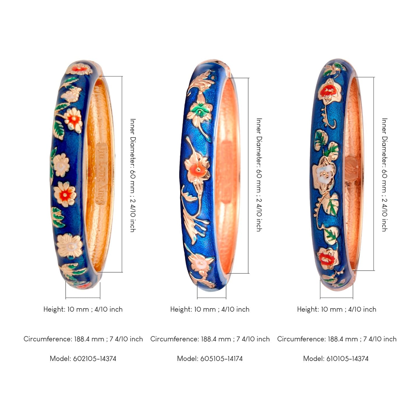 UJOY Womens Multi-Colors Cloisonne Bracelet Gold Plated Flower Enameled Hinged Cuff Bangles Jewelry Gift 55A-3PCS Navy Blue