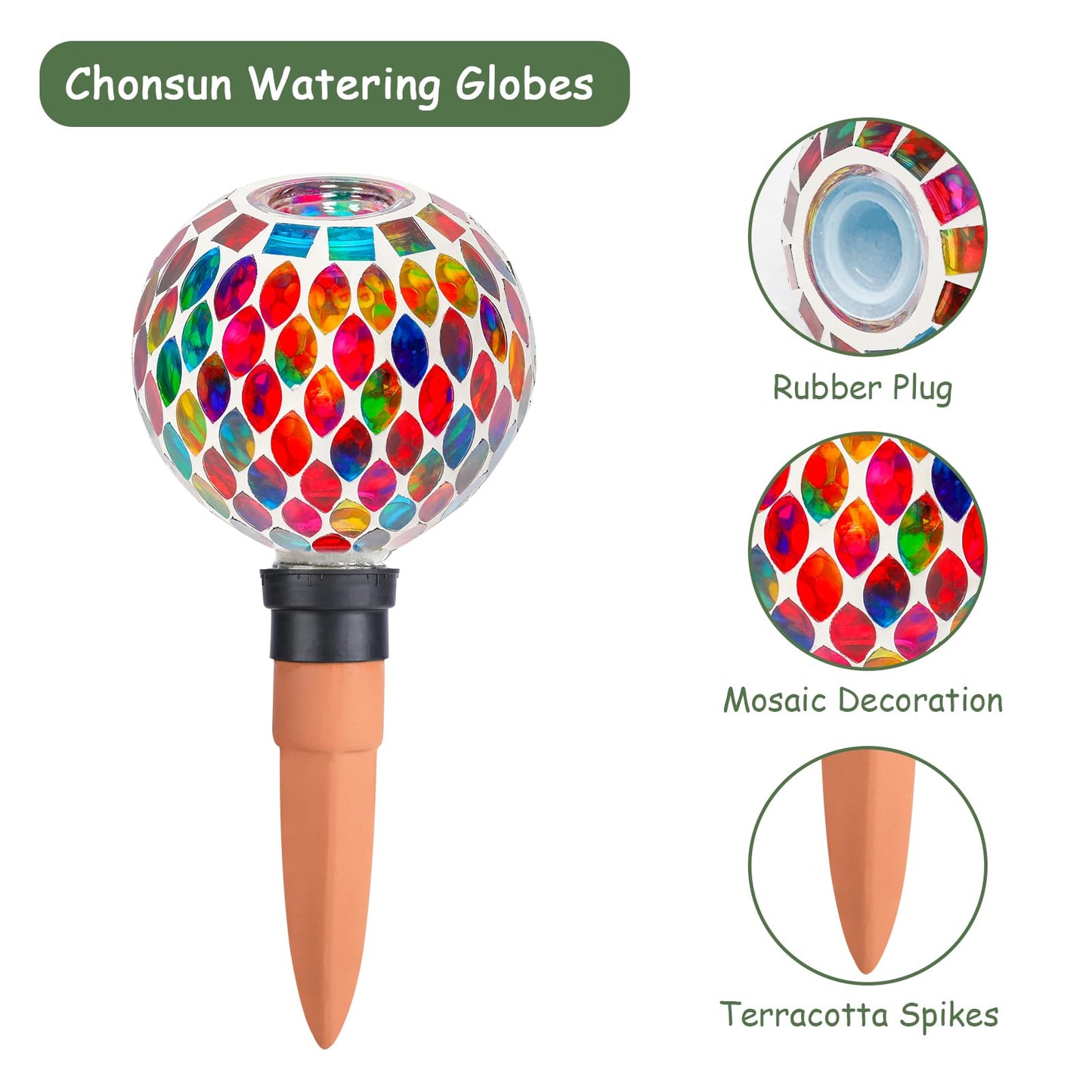 Chonsun Plant Watering Globes Mosaic Self Watering Planter Insert 2 Pack Large Terracotta Watering Spikes Automatic Waterer Device Outdoor Indoor Flower Pots Decorations