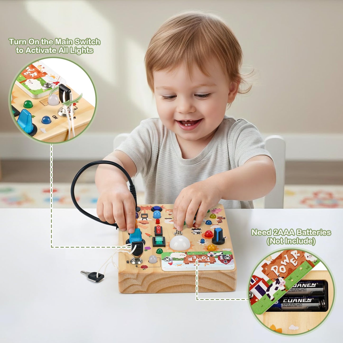 LED Busy Board for Toddlers 1-3,Montessori Toy with Key Switch, Light Up Wood Activity Sensory Board for Fine Motor Skills, Educational Travel Toy Gift for 1 2 3 Year Old Boys Girl