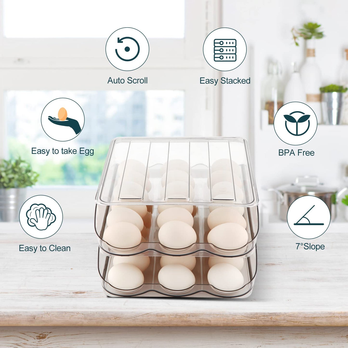 MesRosa Egg Holder for Fridge, Automatically Rolling Egg Storage Container for Refrigerator,Large Capacity Egg Organizer for Fridge with Lid,Clear Plastic Dispenser, Tray & Bin -2 Layer