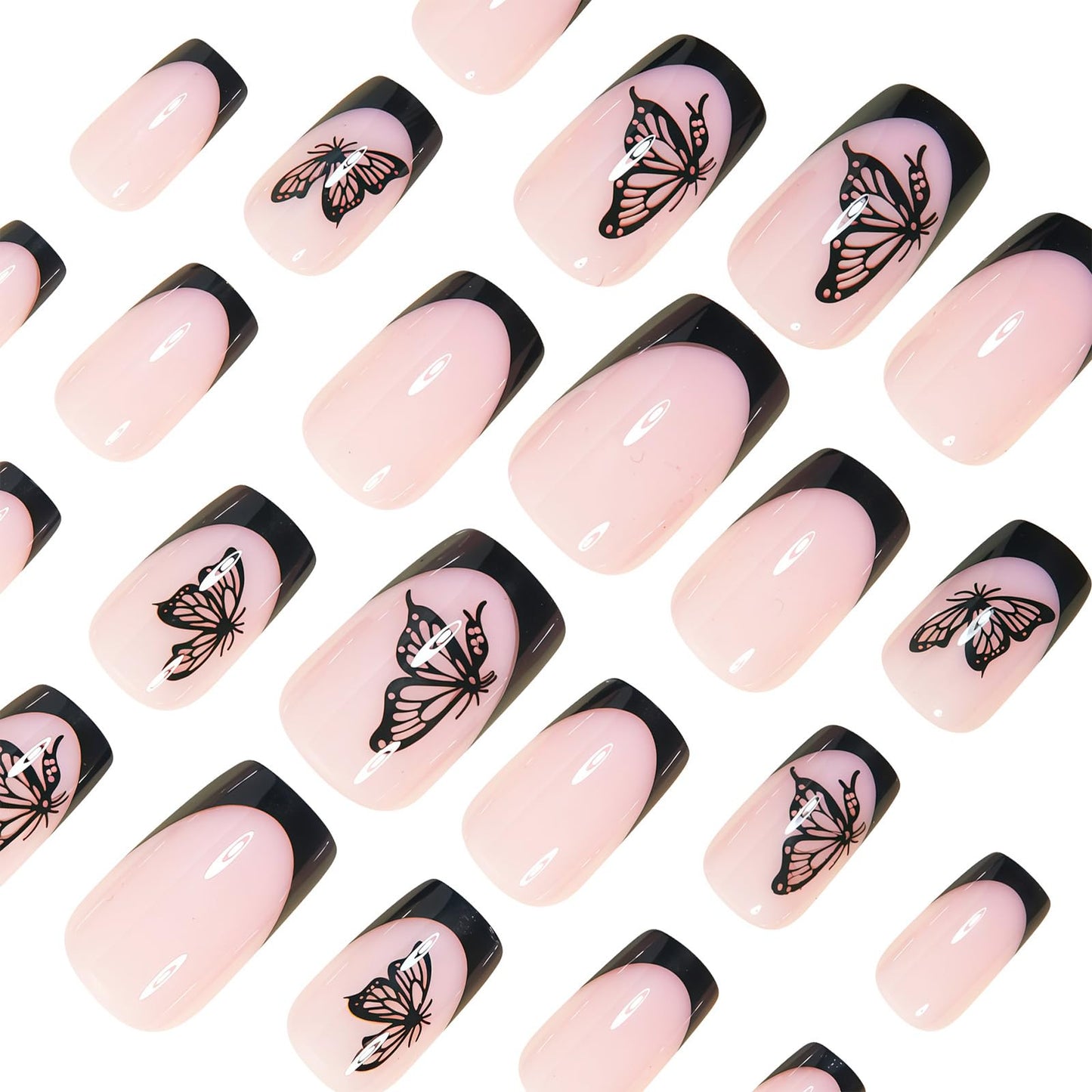 SINHOT Square Press on Nails - Short Fake Nails, Glossy Finish, Black Butterfly & French Tip, DIY Artificial False Nail Art - 24 Pcs Nail Kit with Glue
