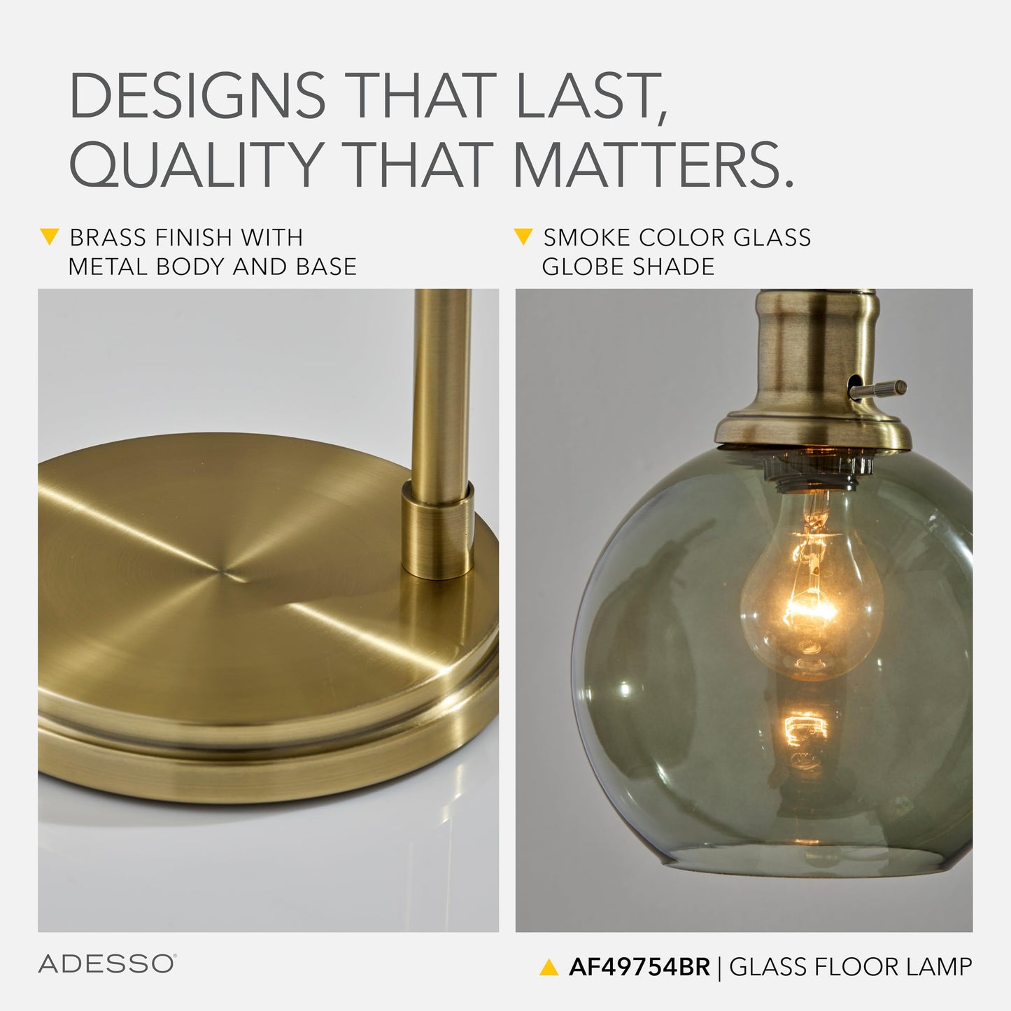 Adesso Globe Smoked Glass Floor Lamp with Antique Brass Finish – 60” Tall, Compact 10.5” Wide Base