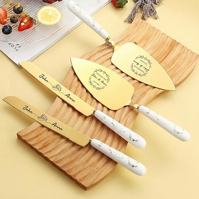 Personalized Gold Wedding Cake Knife and Server Set - Custom Engraved Stainless Steel Cake Pie Pastry Servers Cutter Set with Marble Pattern, Elegant Gift for Wedding Anniversary Birthday Christmas