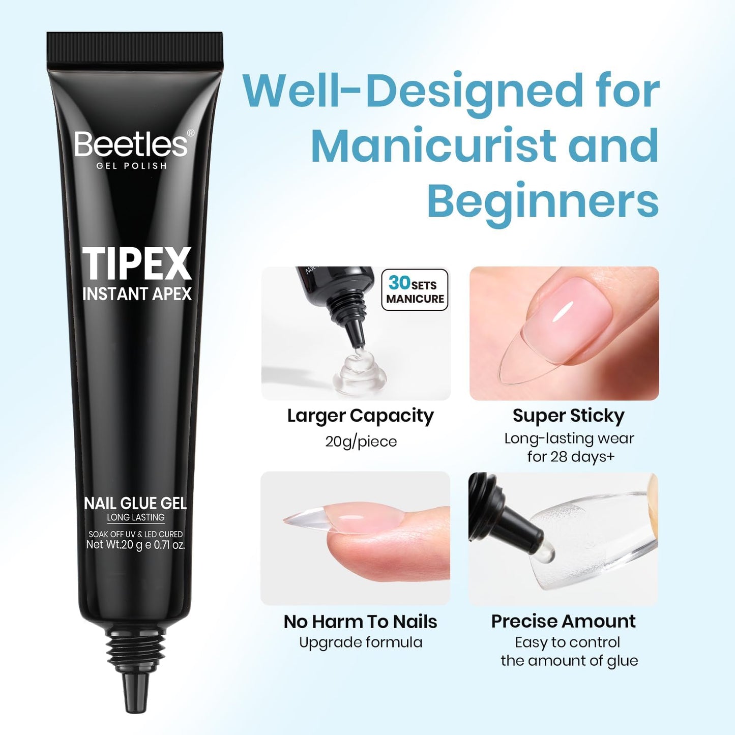 Beetles Tipex Nail Glue 20g Solid Nail Glue Gel Super Strong for Tipex Nail Tips Soak Off U V No Hand-Hold Needed Professional Beginner-Friendly 28+ Days Lasting