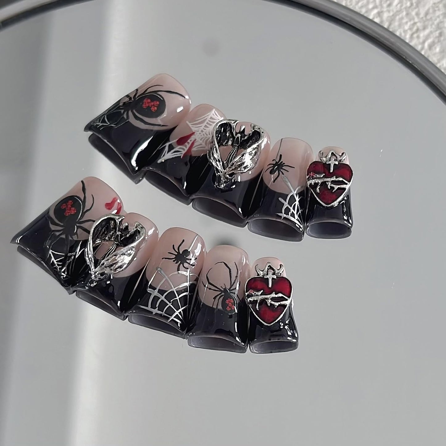 Halloween Luxury Press on Nails Short Duck Handmade 3D Unique Reusable ABS Material Fake Nails Black French False Nails with Designs Spider Web Bat Charms Glossy Glue on Nail Thick Acrylic Nail(S)
