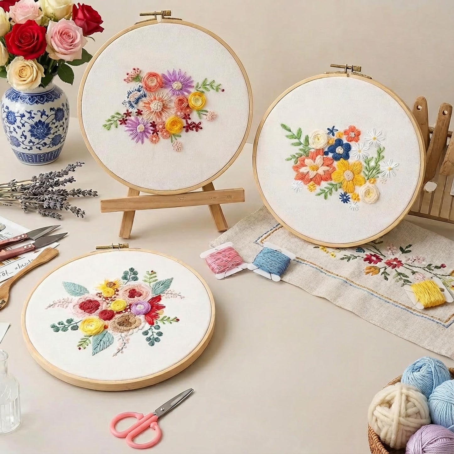 Gmakto Embroidery Kits for Beginners,3 Sets Beginner Embroidery Kit for Adults,Including 3Pcs Embroidery Cloths with Floral Pattern, 1 Pcs Plastic Embroidery Hoops, 3Pcs User Manual(Flower)