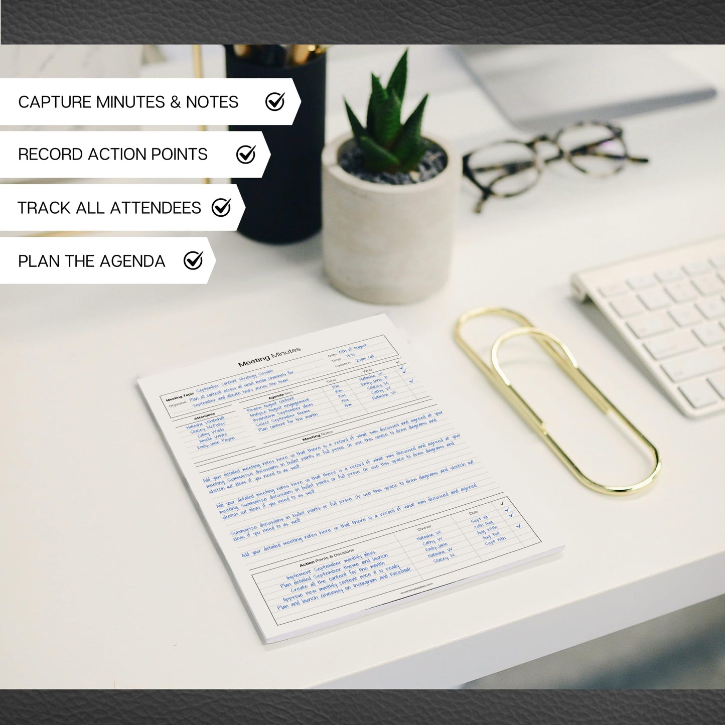 Templatables Meeting Minutes Note Taking Professional Notepad | Plan, Record and Track Actions, Agendas from all your Important Meetings Desk Pad | 50 Undated Tear Away Sheets A4 | Mono