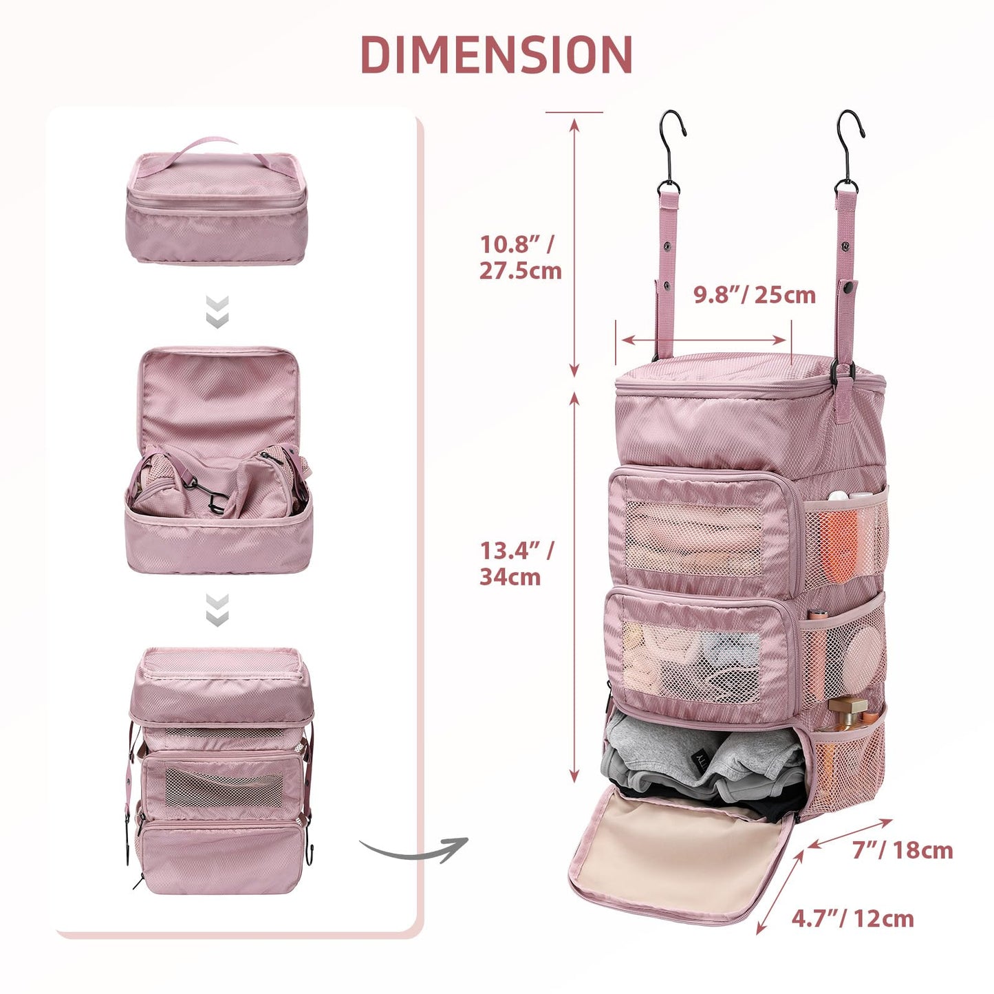 GOLF QUALITY Multi-layer storage bag Casual simple Luggage Packing Organizer with Hook,Clothing Underwear Bag,Carry On Closet,Purple pink