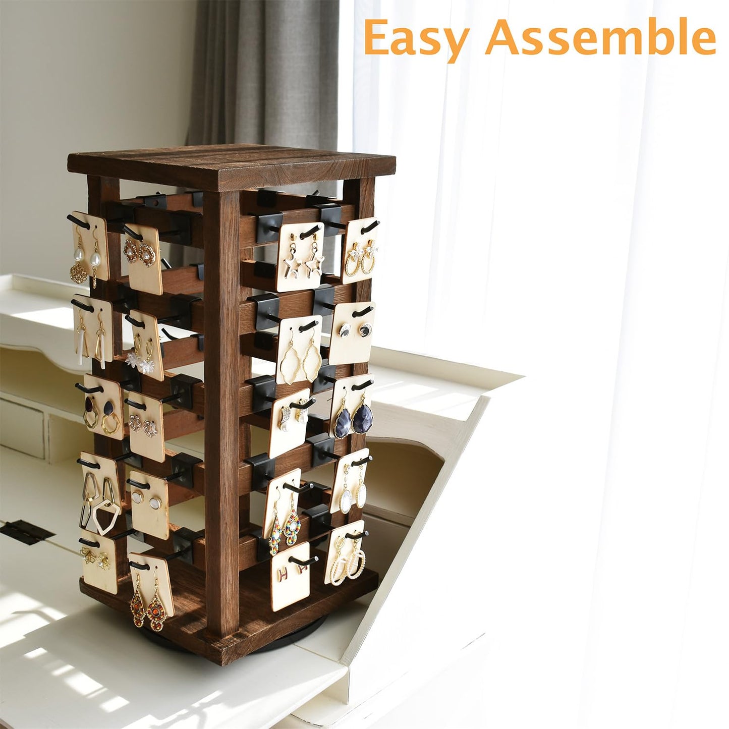 Ikee Design 5 Tiers Easy Assemble Wood Rotating Jewelry Display Tower with 42 Removable Hooks,Spinning Earring Card Storage Display Stand for Store, Showcase, Tradeshow and Home,Brown Color