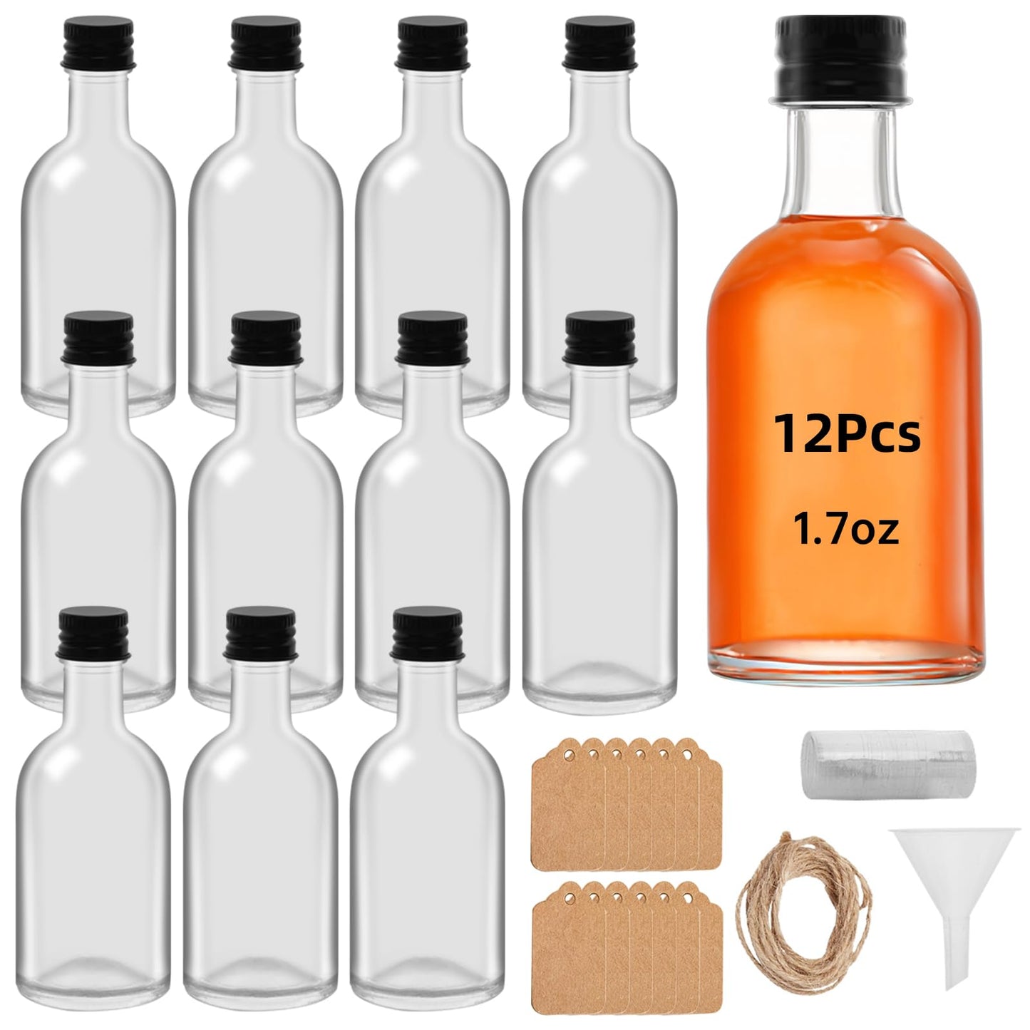 eispap 12pcs 1.7 OZ Mini Glass Liquor Bottles with Lids Small Glass Wine Bottle Reusable Empty Alcohol Bottles with Aluminum Black Screw Cap (12)