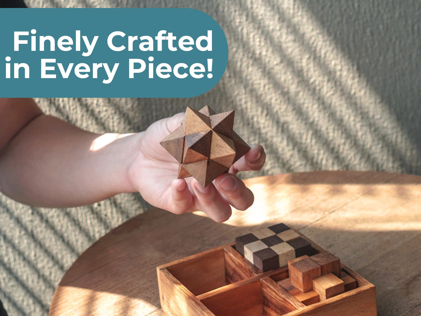 BSIRI Wooden Puzzle Box Set (4 Games) - Challenging Brain Teasers 3D Puzzles for Adults Interlocking Games for IQ Test Ideal for Rustic Patio Decor Unique Gift for Christmas and Birthdays