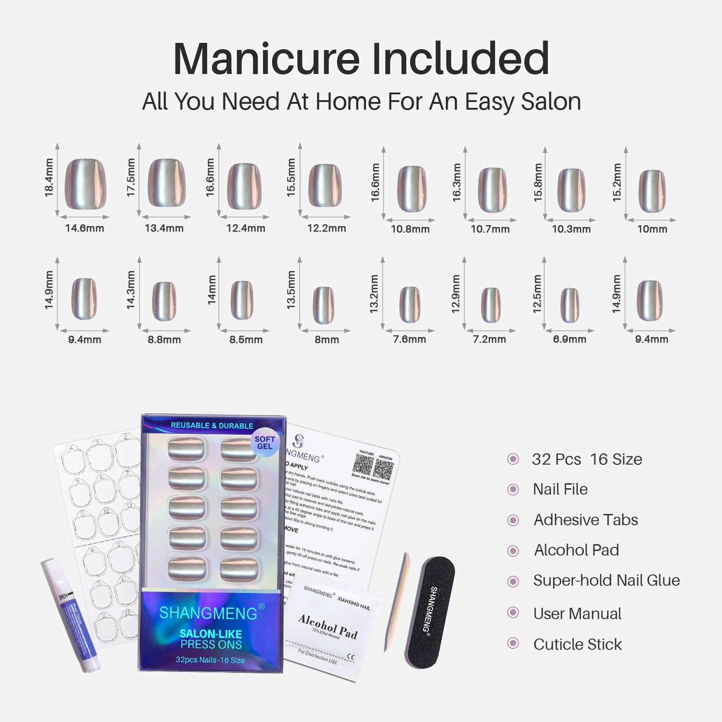 Chrome Cat Eye Press on Nails Short - SHANGMENG Soft Gel Winter Silvery White Nails Square for Women, Glossy Glue on Nails in 16 Sizes - 32 Reusable Fake Nails Kit with Glue, Moonlight