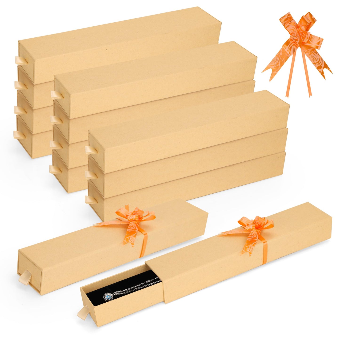 MATUFF 12-Pack Drawer Style Jewelry Gift Boxes with Sponge Insert, 8.7"x1.8"x1.2" Necklace & Bracelet Display Box for Presentation, Cardboard Storage Organizer for Pendant, Ring, Earring - Kraft Brown