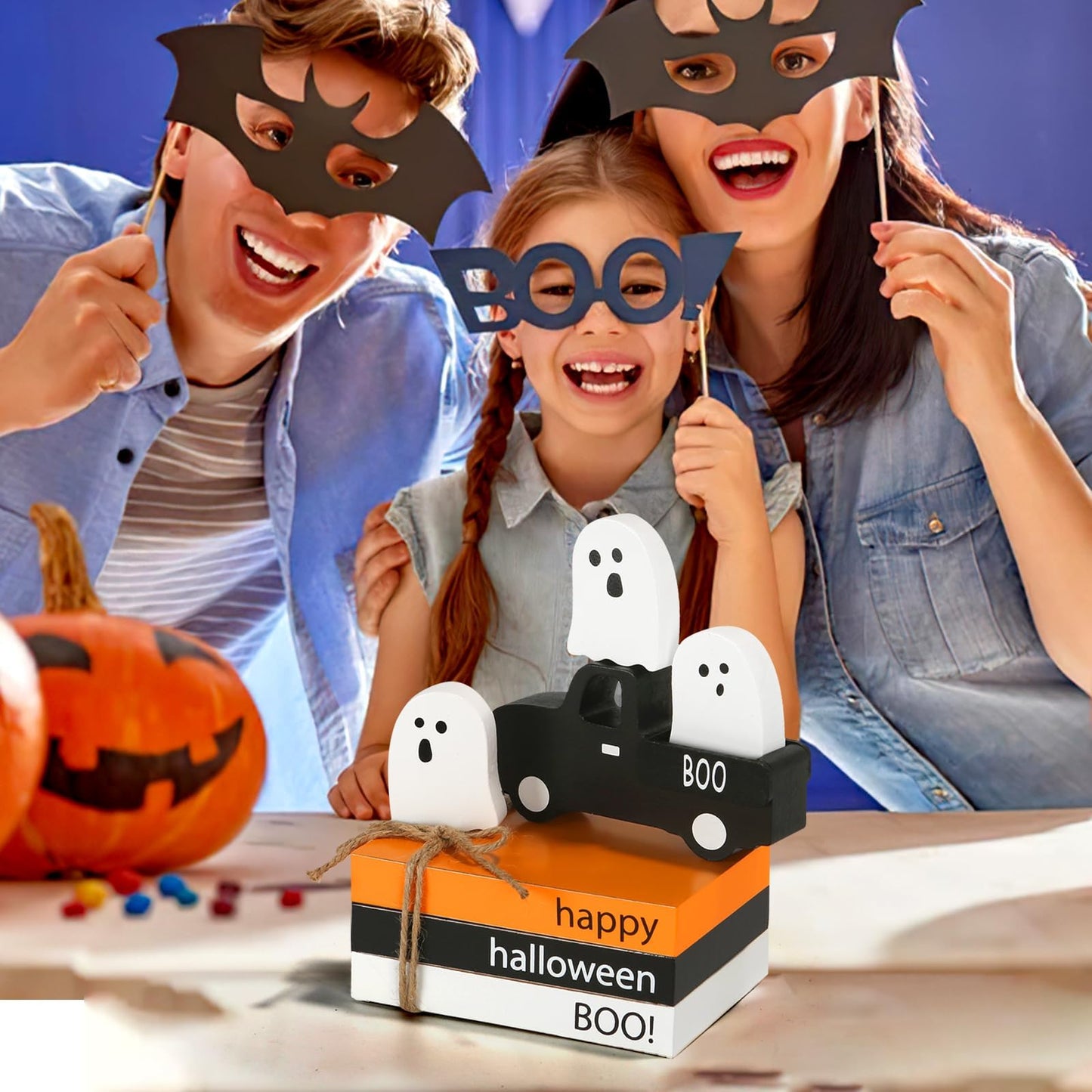 Halloween Decorations 7PCS Table Centerpieces, Cute Tabletop Halloween Decor for Tiered Tray Shelf Mantel Fire Place Office Desk Rustic Farmhouse Wood Faux Book Stack and Spooky Ghosts Sign