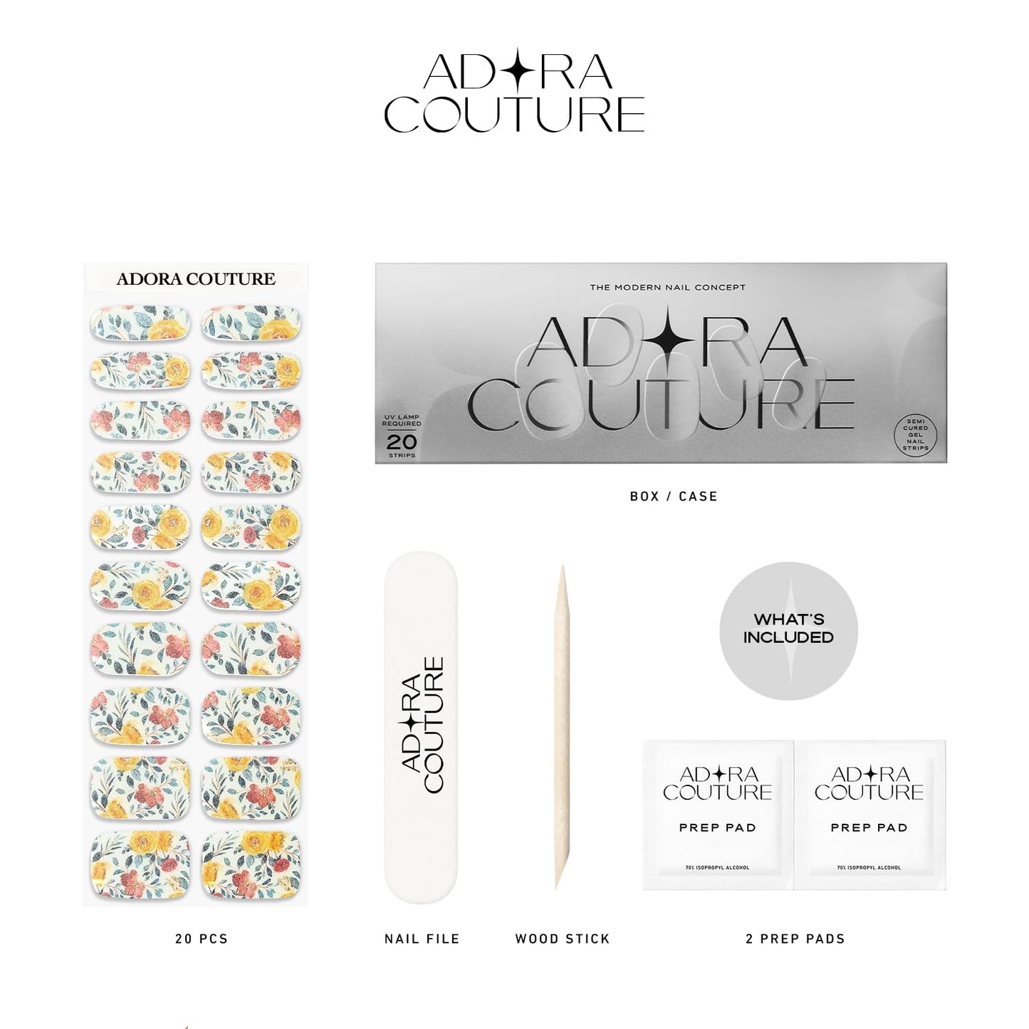 Adora Couture Semi Cured Gel Nail Strips with 20 Pieces - UV Gel Stickers, Manicure Kit, Easy Application Wraps Includes Prep Pads, Nail File, Wooden Stick - UV Light Required (M Vintage)
