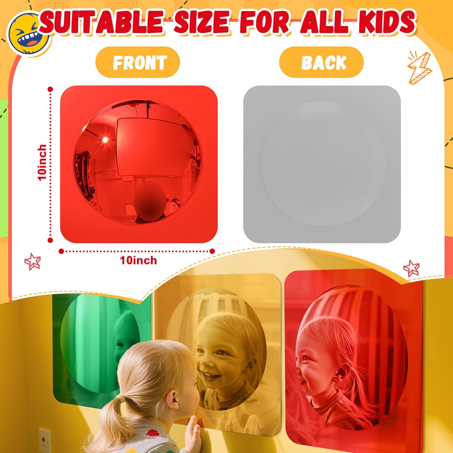 Geiserailie 3 Pcs Sensory Wall Mirror Acrylic Bubble Mirror Toys for Calming Corner Items - Sensory Room Have Visual, Tactile Stimulation (10 x 10 Inch,Red,Yellow,Green)
