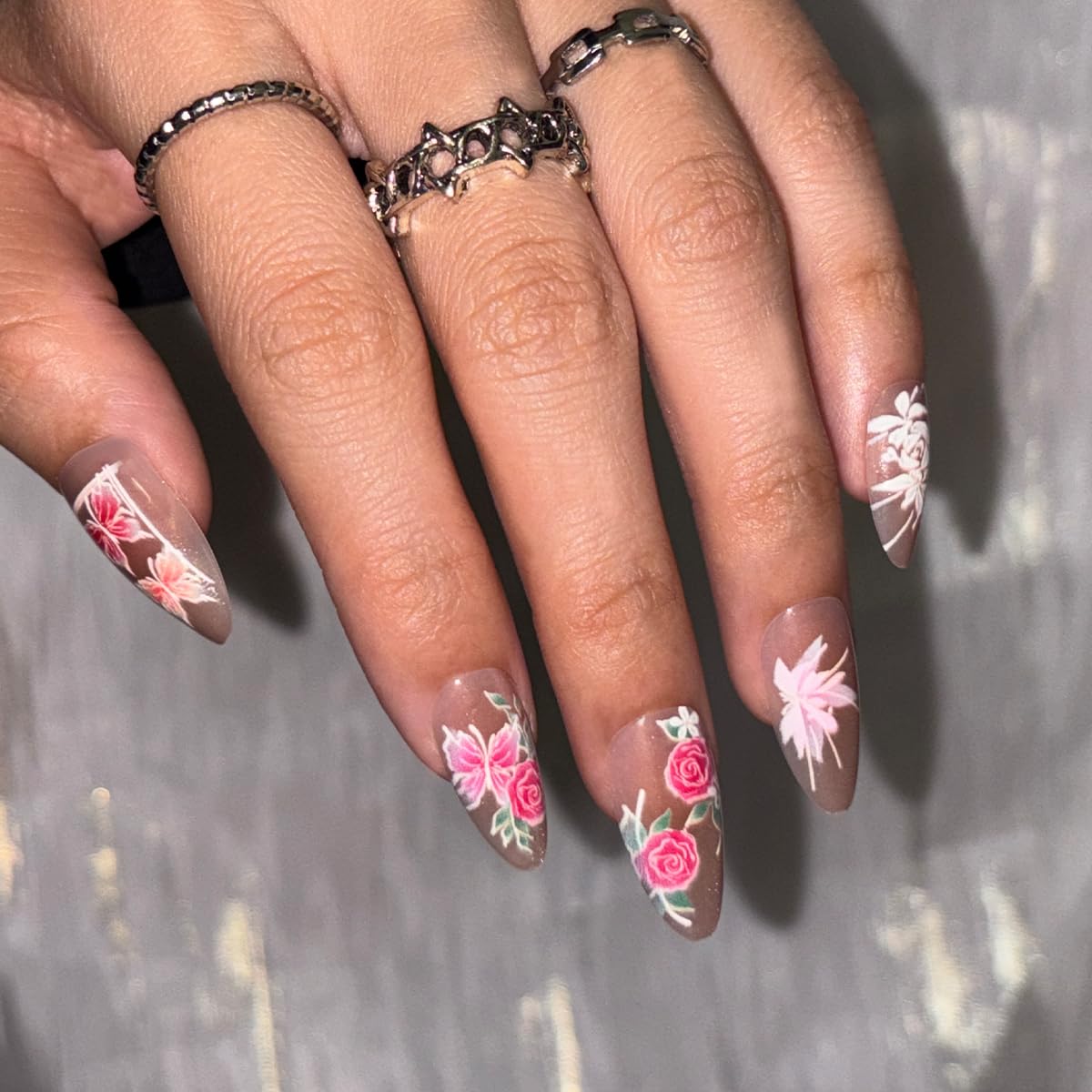Spring Press on False Nails Gold Cat Eye Fake Nails Medium Almond Glue on Nails with Pink Flower Butterfly Designs Press ons Glossy Stick on Nail for Women Manicure 24Pcs