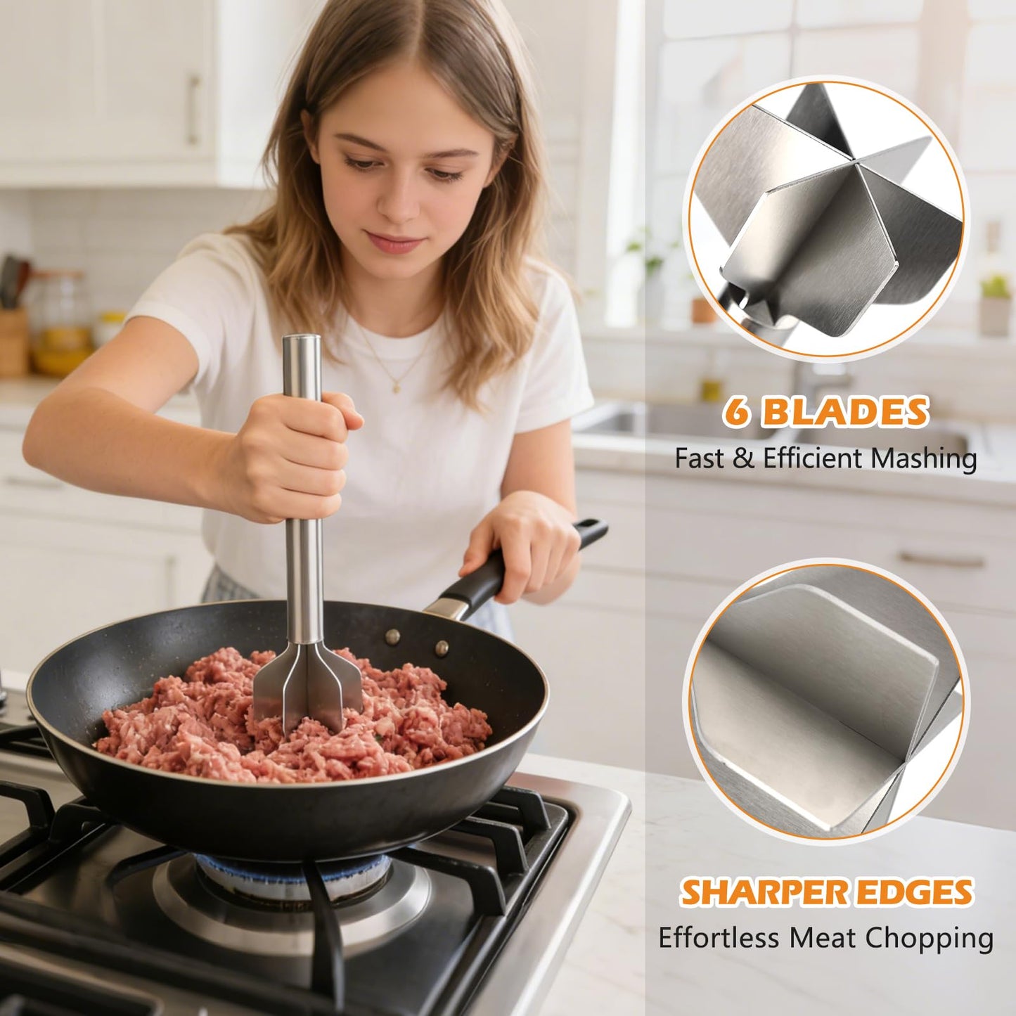 304 Stainless Steel Meat Chopper & Masher, Heavy Duty Food Grade 6-Blade Ground Beef Smasher, Metal Hamburger Chopper Tool, Meat Masher for Ground Beef