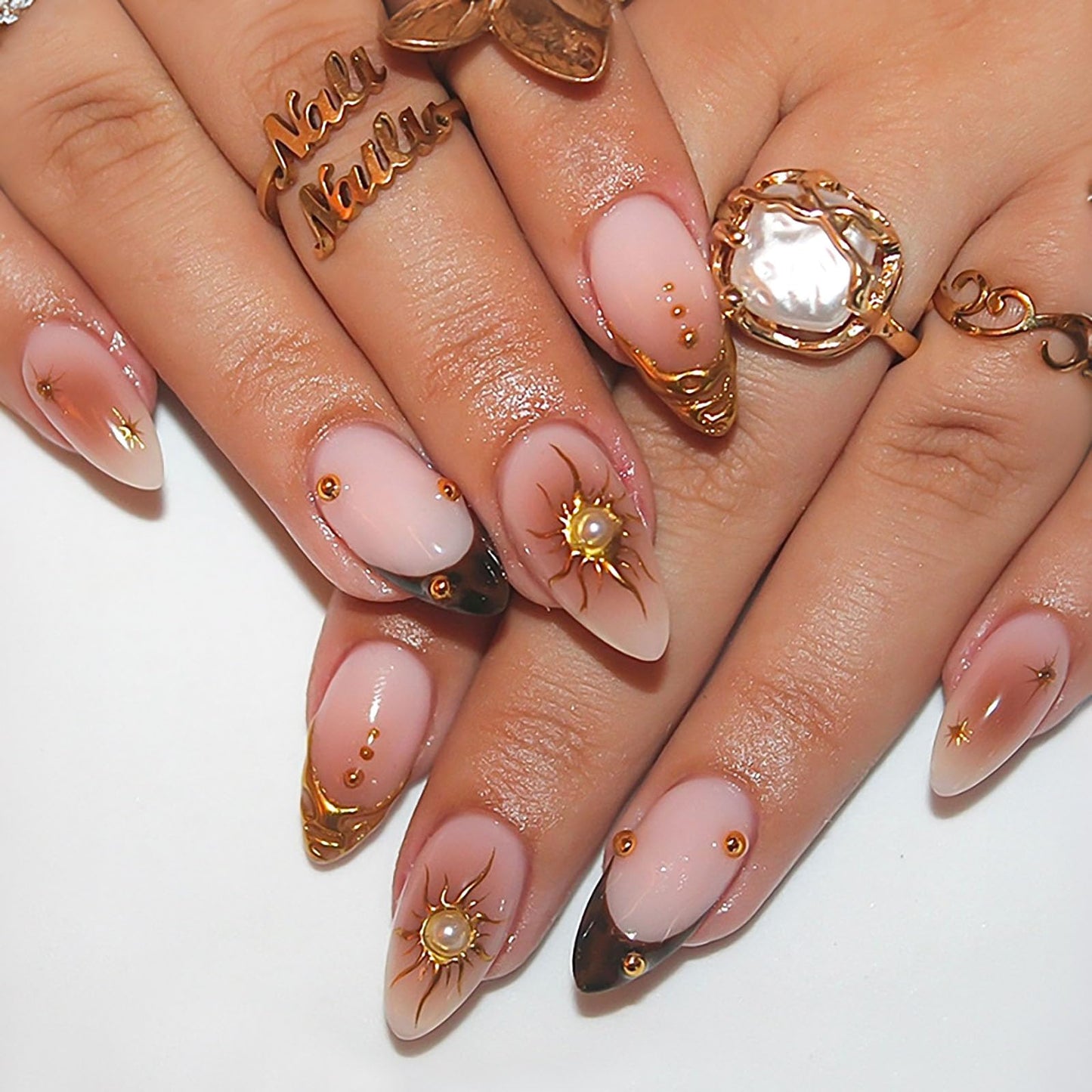 RUOKEXIN Almond Press on Nails Medium Fake Nails French Tip False Nails with Gold 3D Designs Pink Nail Press ons Sparkly Artificial Nails for Women 24Pcs