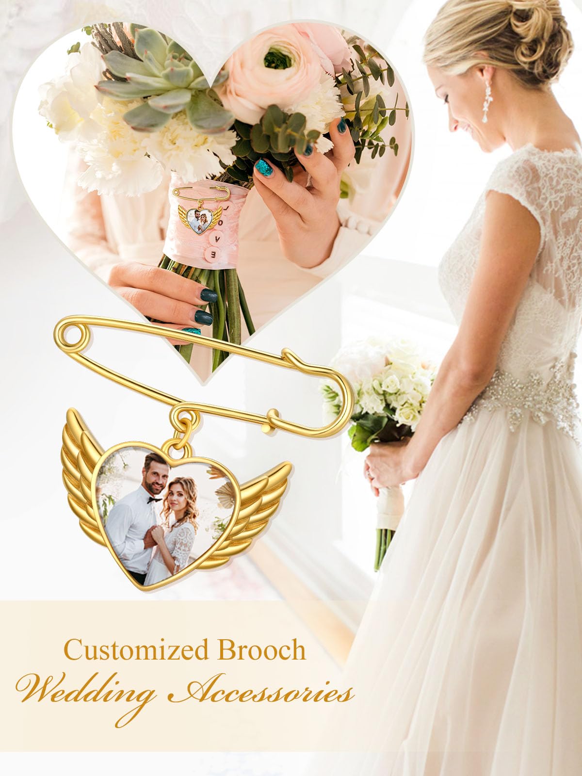 Custom4U Photo Brooch for Wedding Bouquet Angel Wing Pin with Picture Personalized for Groom(With Gift Box)