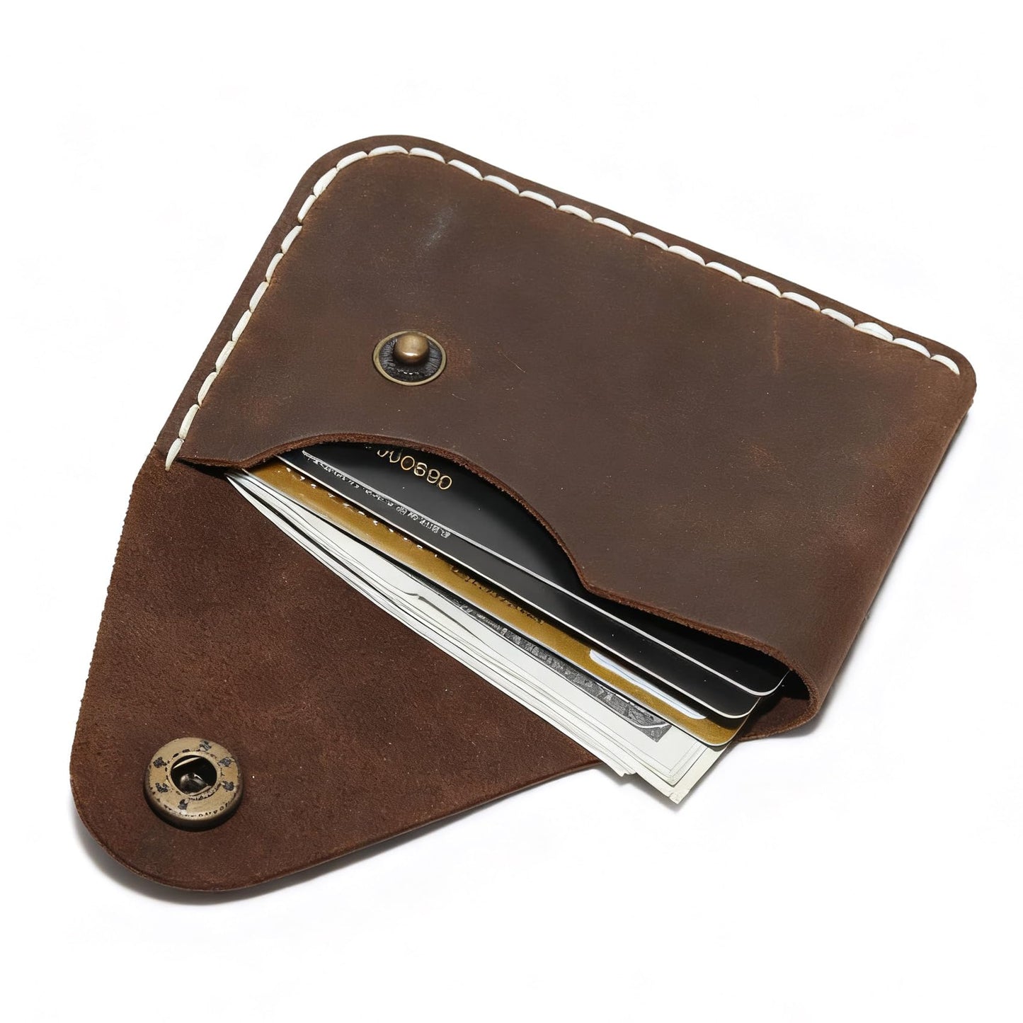 Handmade Genuine Leather Card Holder with Snap Closure - Ultra Slim Minimalist Wallet, Hand-Stitched Compact Front Pocket Card Case for Men & Women (Dark Coffee)