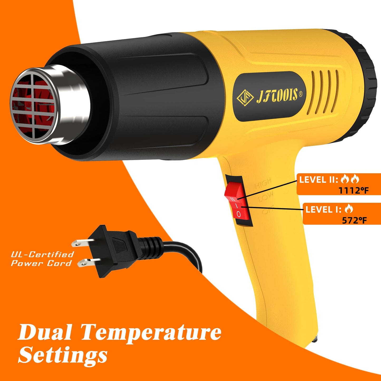 Heat Gun 1300W for Vinyl Wrap,Crafting,Shrink Tubing,Paint,Epoxy Resin,Candle Making,Adjustable Temperature,Overload Protection Hot Air Gun Kit Nozzles (Yellow, Two-Gear Button Temperature Control)