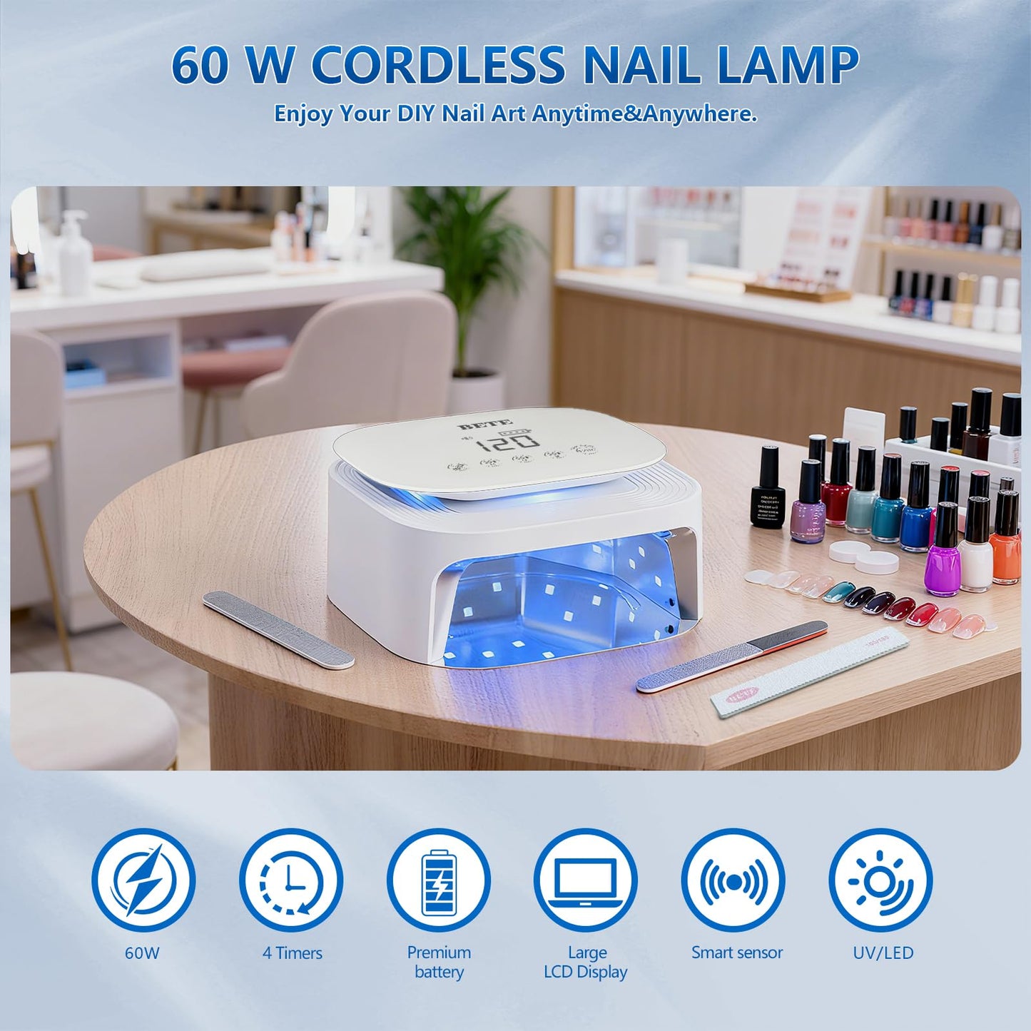 BETE 60W Cordless UV LED Nail Lamp - Rechargeable Gel Polish Dryer with Auto Sensor, 30 Beads & 4 Timer Settings Portable for Home/Salon White