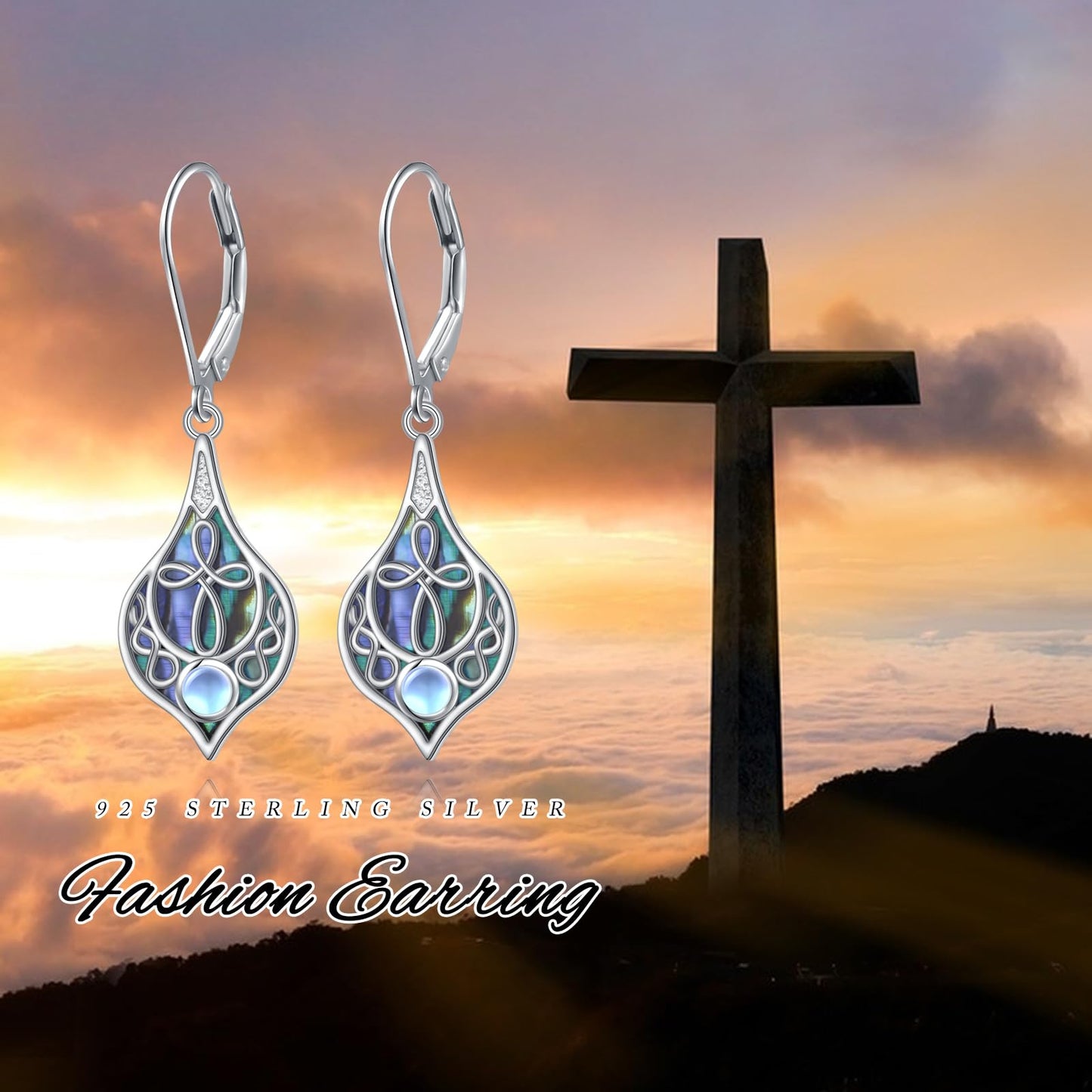 SHAOAN 925 Sterling Silver Cross Moonstone Dangle Drop Earrings Abalone Shell Teardrop Earring Jewelry Gifts for Women