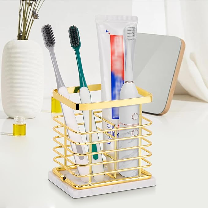 HarJue Toothbrush Holder, Luxurious Metal Toothbrush Toothpaste Holder with Marble Base for Bathroom, Multi-Slots Openwork Design, Bathroom Accessory for Storage and Organizer (Small, Gold)