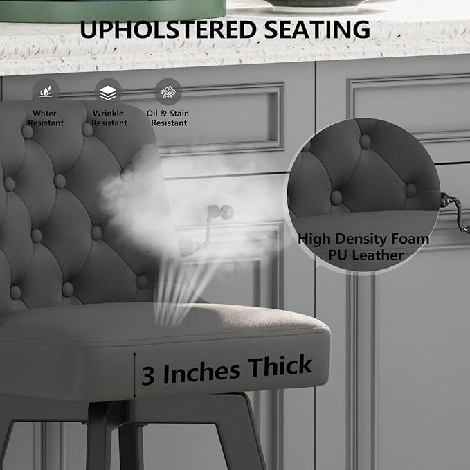 MINCETA Bar Stool, PU Leather Barstool, 26 Inch Upholstered Counter Stool with Low Tufted Back and Footrest, Swivel Counter Height Barstool for Kitchen Island Home Bar Dark Gray