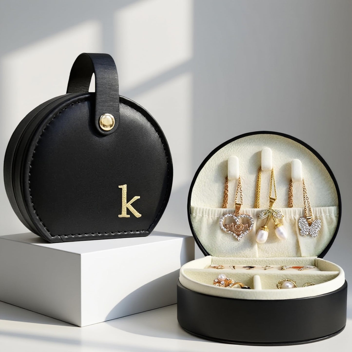 COLLECTIVE HOME - Travel Jewelry Case, Elegant Half-Moon Design with Gold Monogram, Detachable Handle, Personalized Accessory Organizer, Gift for Fashion-Forward Women and Teens, Black (k)