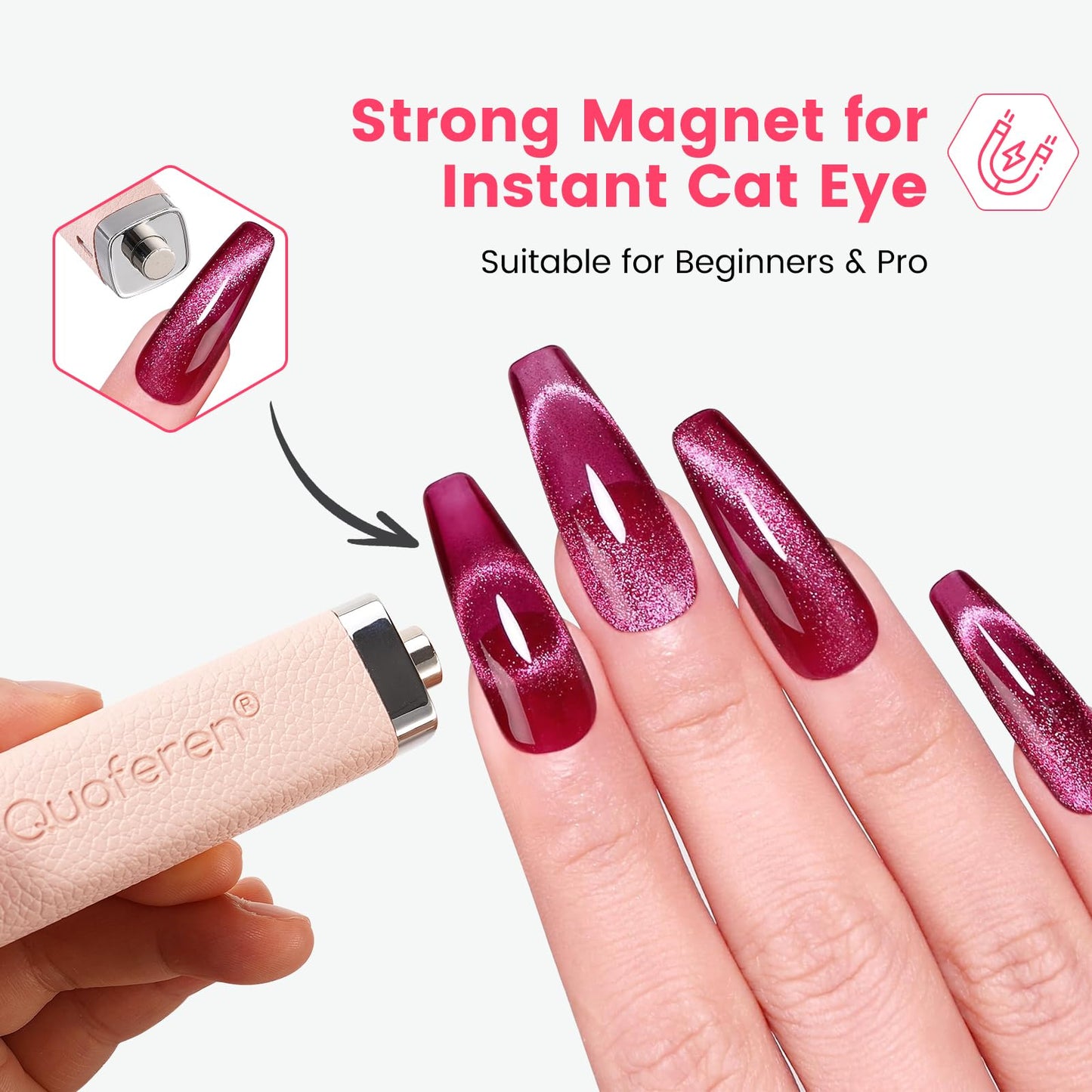 Quaferen Mini Handheld UV Light for Gel Nails with Stand, Rechargeable Flash Cure Nail Lamp with Auto Sensor, Cat Eye Magnet for Fast Drying at Home Salon (Pink)