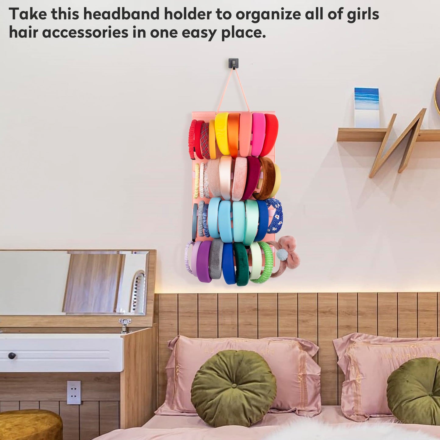 JOYMOMO Hanging Headband Holder for Girls, Felt Headband Organizer with 40 Slots (Pink)