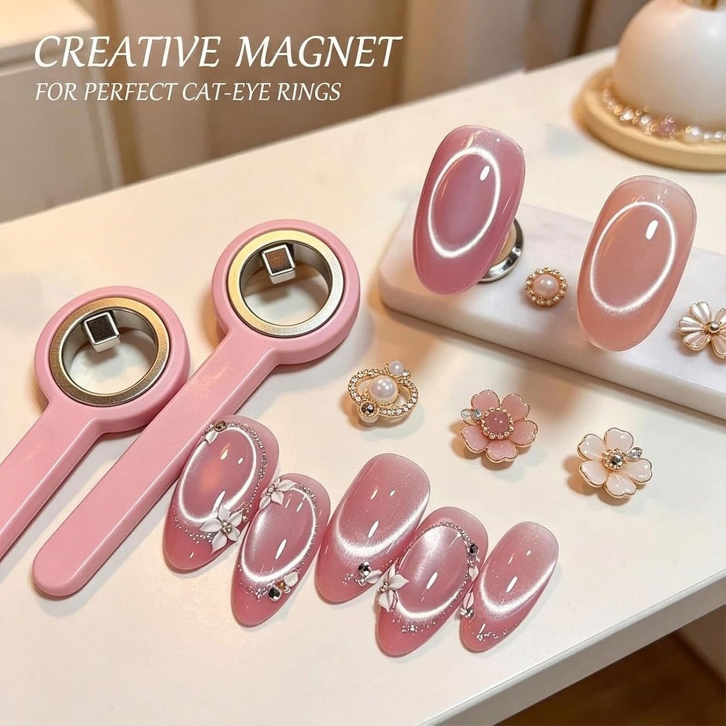 Ring-Shaped Cat Eye Magnet for Nails, Hollow Magnetic Design Circle Cat Eye Magnet for 3D Halo French Tip Nail Art, Home Salon DIY Manicure Tool (2Pcs-Black)