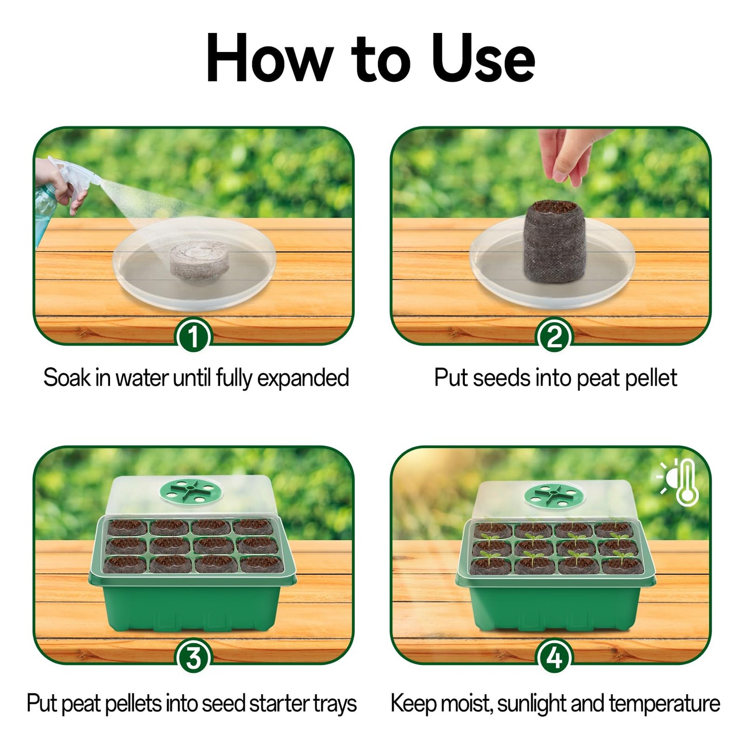 Halatool 4 Pack Seed Starter Tray with 50 PCS Peat Pellets, 48 Cells Green Seeding Starter Trays for Organic Seed Starter Soil Pods for Planting Vegetables Plants Flowers - Starting Seeds Kit