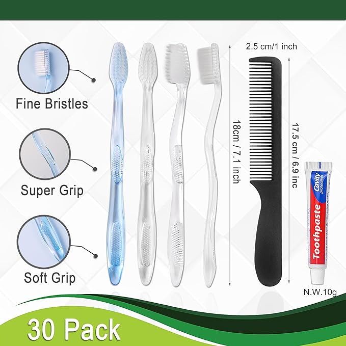 30 Pack Disposable Toothbrushes with Toothpaste and Comb for Homeless Individually Wrapped,10g Travel Toothpaste,7inch Black Hair Comb,Soft Bristle Toothbrush for Hotel,AirBnb,Shelter,Charity