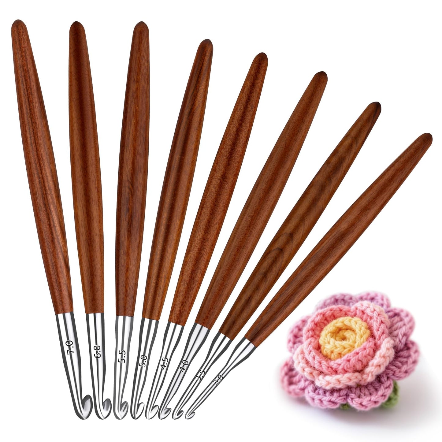 Lunarm 8 Pack Crochet Hooks Set, Ergonomic Aluminum Crochet Hooks with Wood Handle for Arthritic Hands DIY Craft Knitting Dolls, Bouquets, Blankets, Hats, Gloves from Various Yarns - Size 3mm-7mm