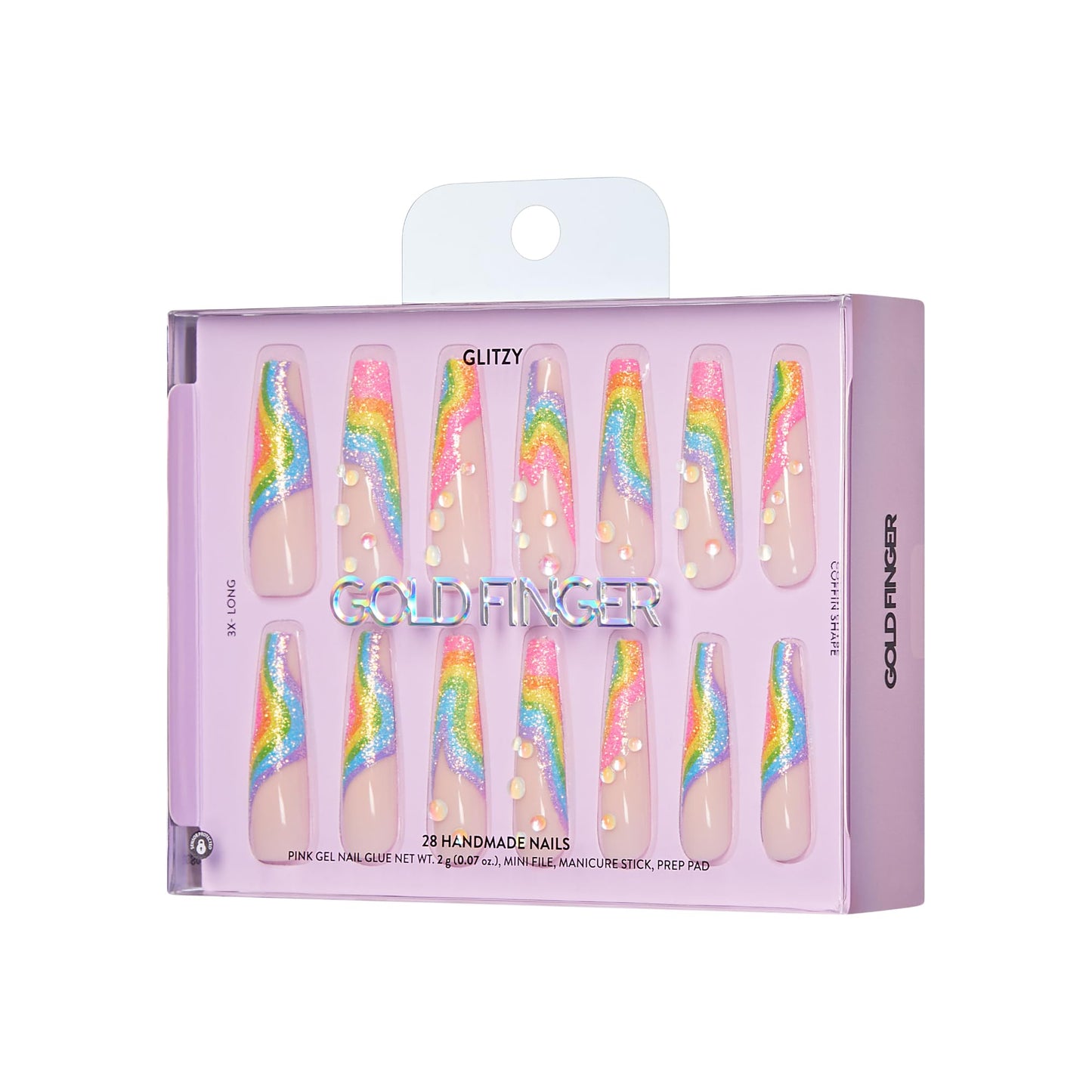 Glitzy 3D Handmade Press On Nail Kit, Rhinestone Gem Glitter French Tip 3X-Long Coffin False Nail, Reusable & Lasts Up To 2 Weeks, Seamless Snug Fit Technology, Includes Glue & 28Pcs Manicure Set