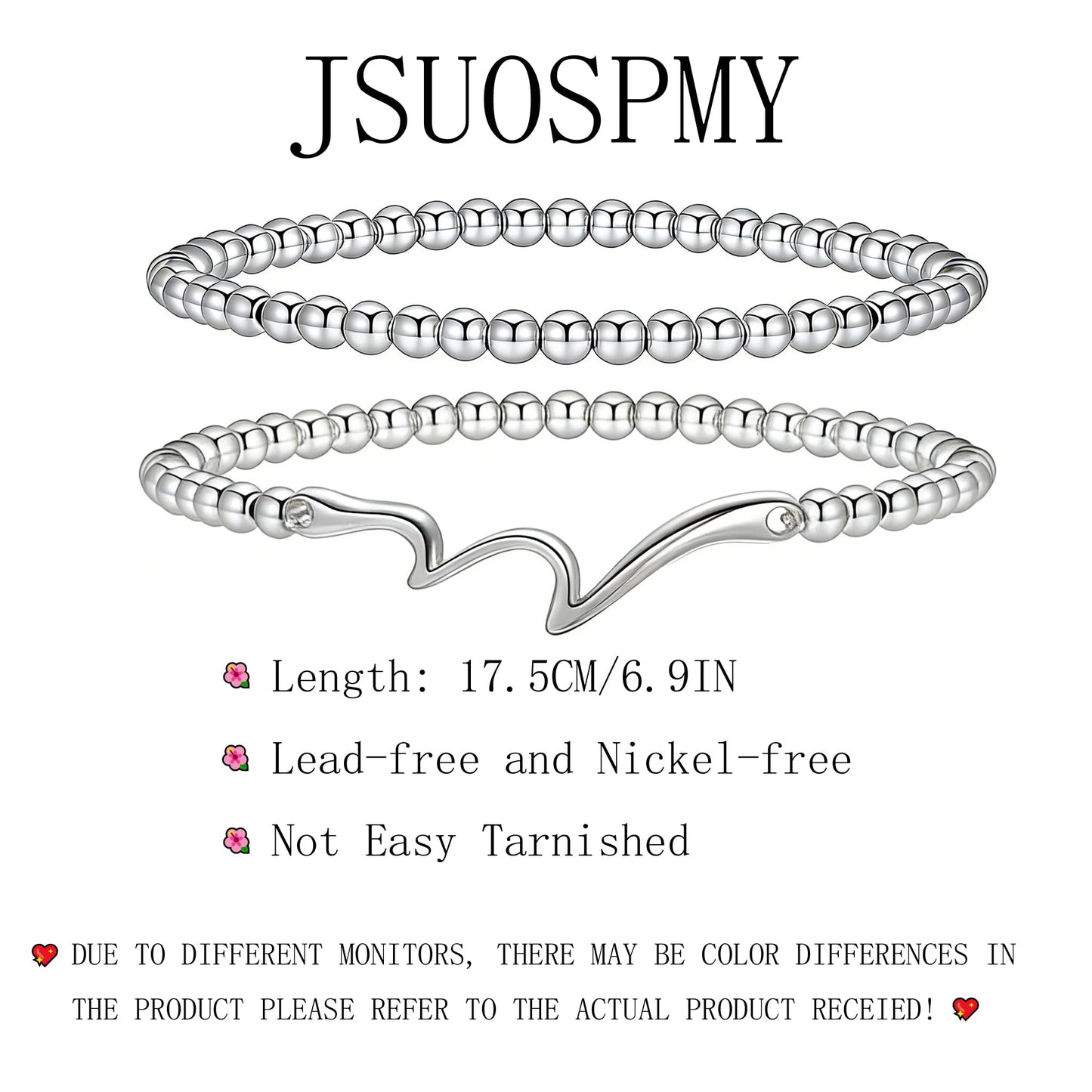 Jsuospmy Silver Beaded Bracelets for Women 14K Silver Wave Bracelet Handmade Stackable Bracelets for Women Trendy Non Tarnish Bracelet Jewelry Gift for Womens 2Pcs (10.Wave+Beaded (Silver))