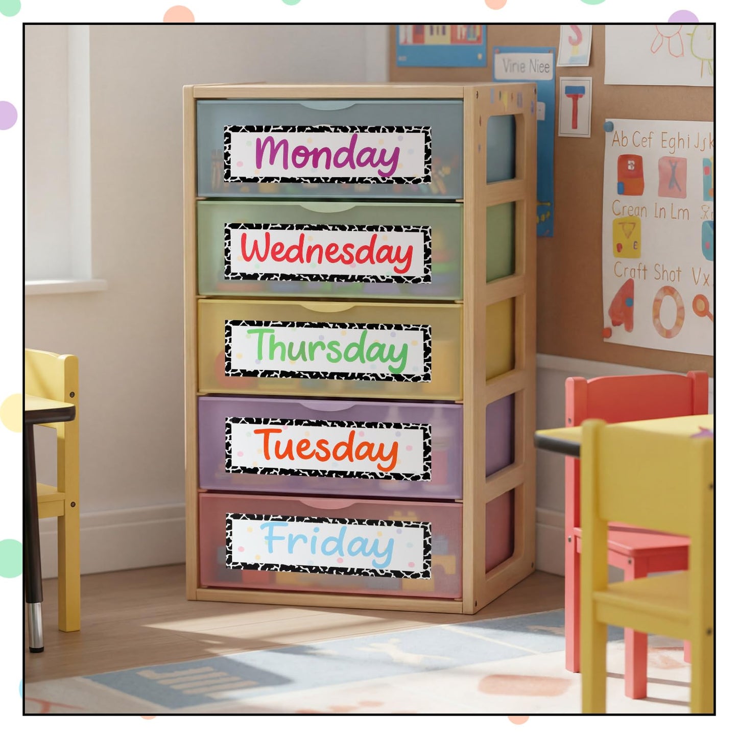 Trandraft 36 Pcs Days of The Week Stickers for Drawers, Color Large Day Labels for Clothes Organizer Big Monday Through Friday Weekday Plastic Planner Whiteboard Classroom Decals (Fresh Style)