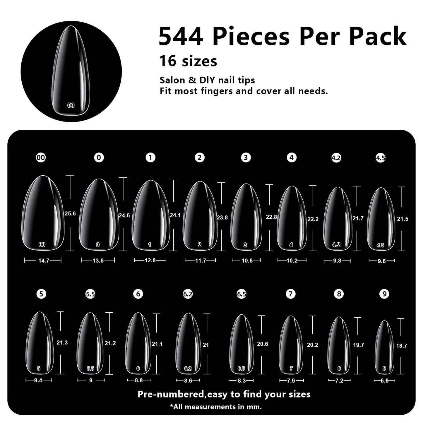 BETE Medium Almond Clear Acrylic Nail Tips–544Pcs 16 Sizes with Half Sizes, Tipex Instant Apex Full Cover False Nails, Pre-Shaped Strong Thick Press On Nails for Home & DIY Manicure