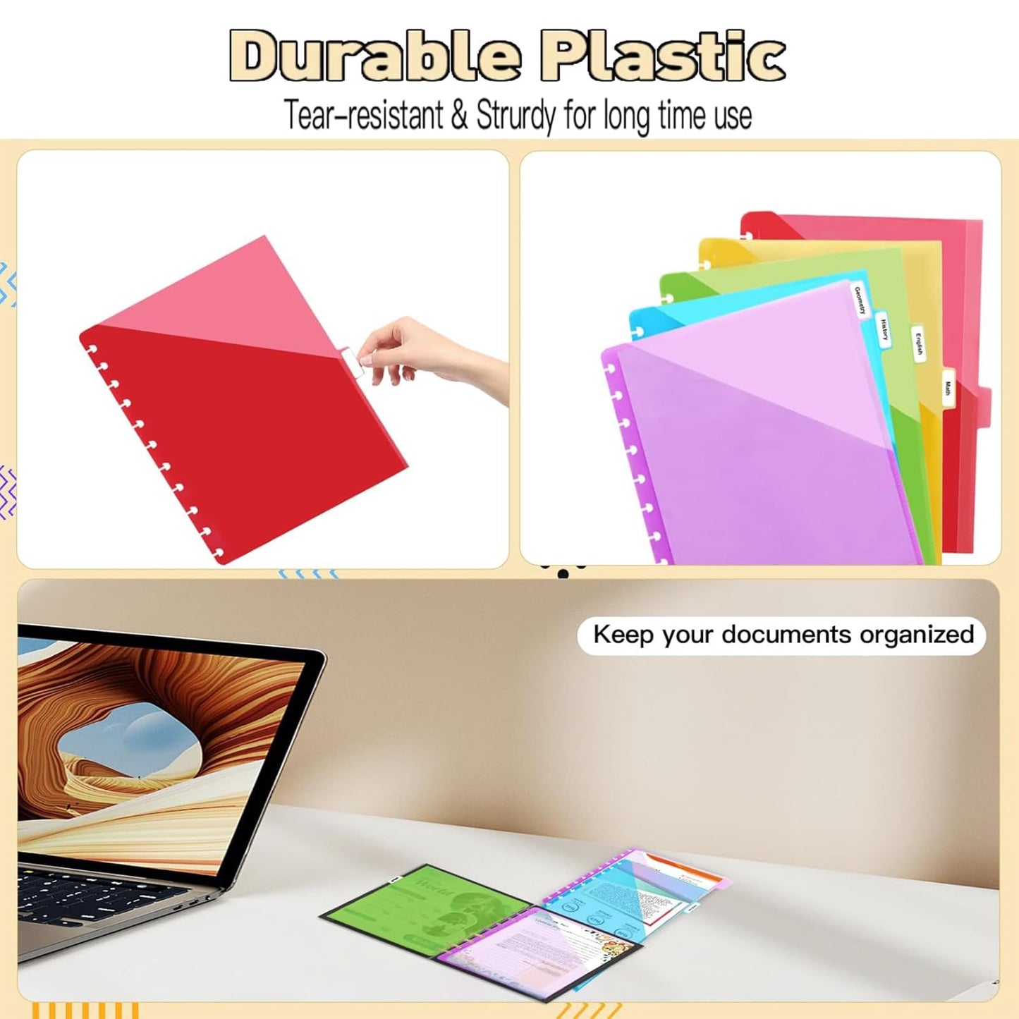 11 -Discbound Pocket Divider with 8 Tabs,2 Set Letter Size Tul Notbook Divider Folder Dis Planner Inserts for for Document Discbound System, Office Home School（16PCS